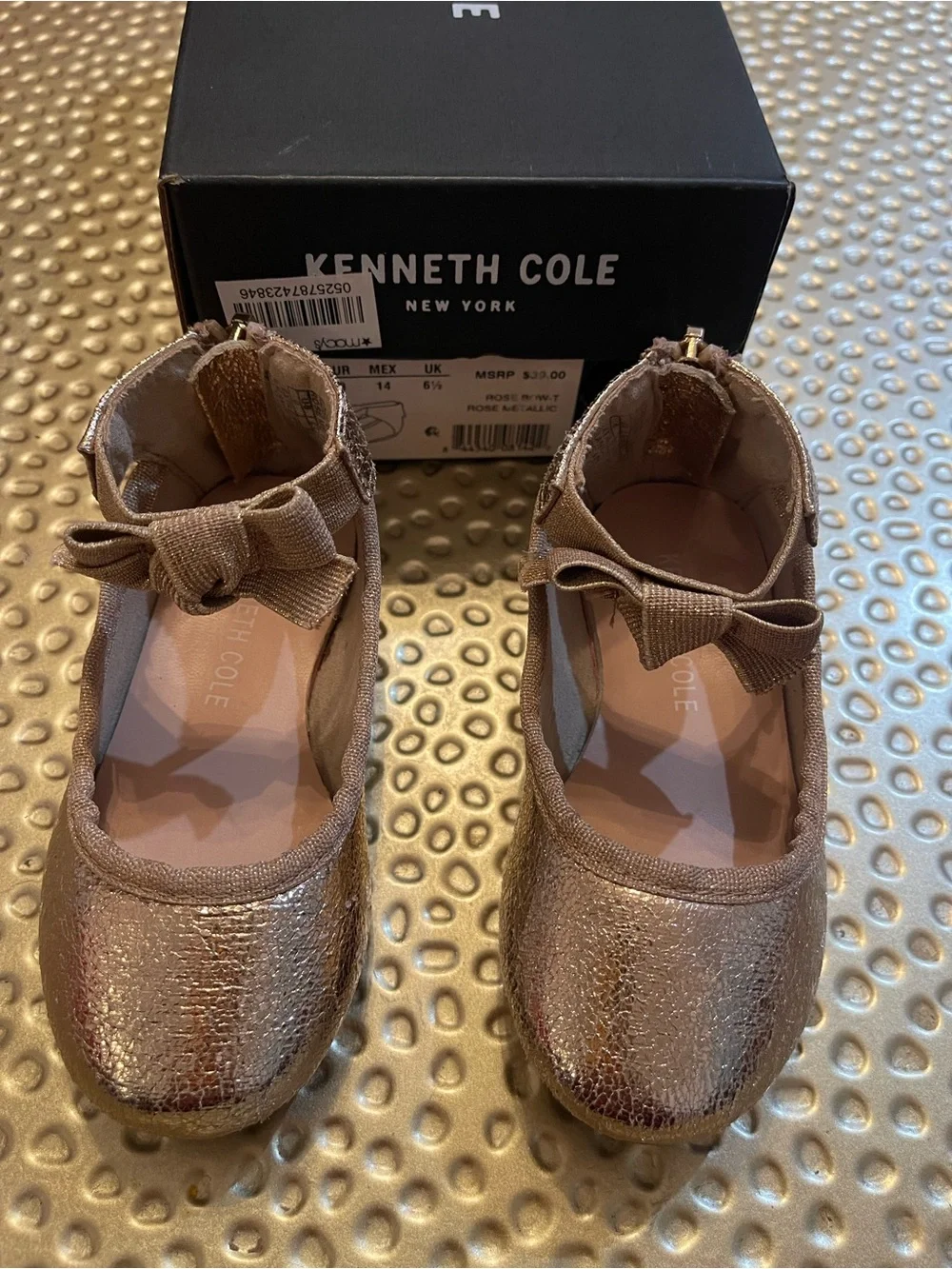 Kenneth Cole New York Girls Metallic Rose Gold Bow Mary Jane Flats